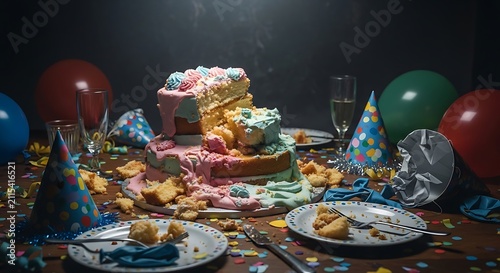 Messy Birthday Cake Celebration Aftermath, Party Crumbs, Balloons and Confetti