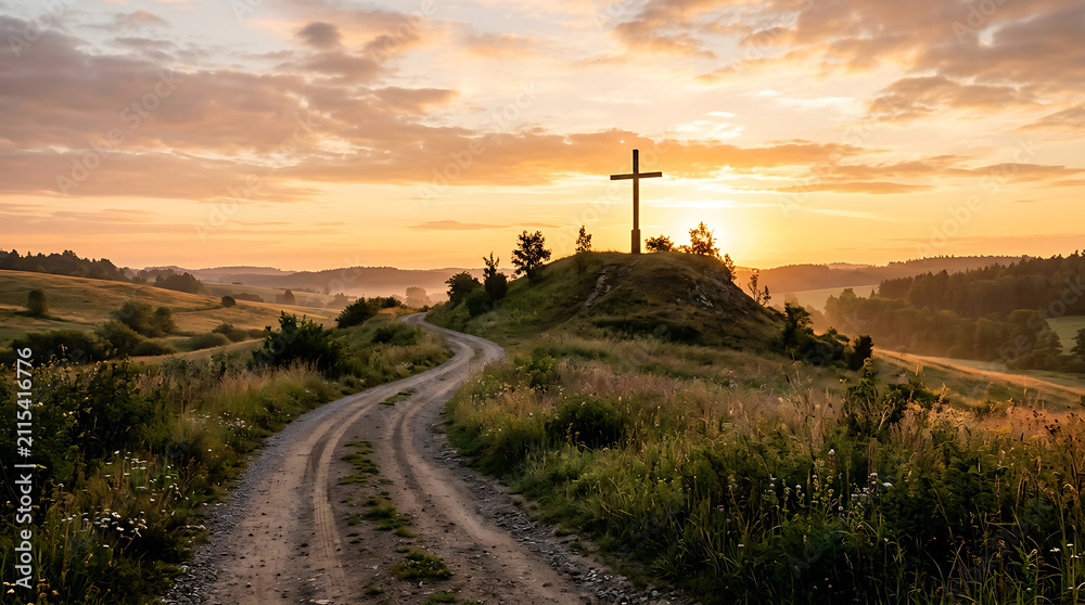 Obraz premium Serene sunset illuminates a solitary cross atop a hill, with a winding path leading towards the horizon in a picturesque rural landscape