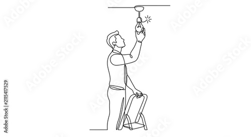 A continuous line drawing of a man standing on a stepladder changing a lightbulb on the ceiling.