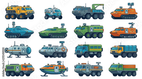 Set of futuristic sci-fi heavy vehicles and armored transport trucks.