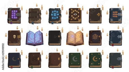 Collection of ornate holy religious books with crescent moon symbols.
