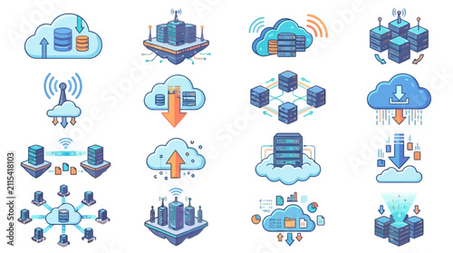 Isometric Cloud Computing and Data Storage Icon Set.