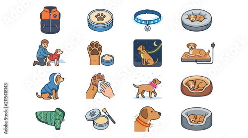 Set of colorful cartoon pet care icons and dog supplies.