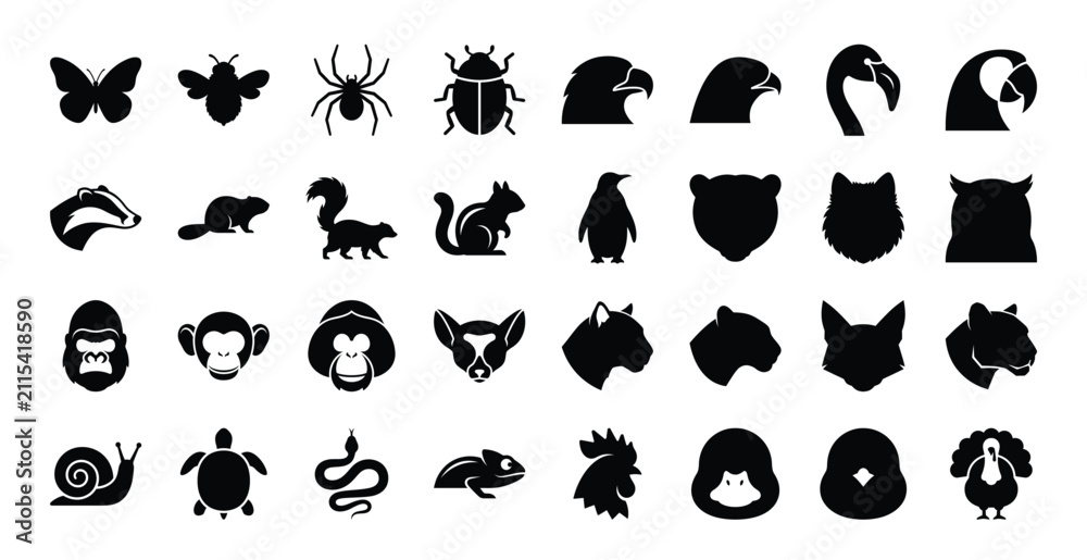 Fototapeta premium Assorted animal and insect silhouette icons with silhouette wildlife collection illustration environment