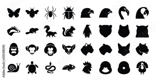 Assorted animal and insect silhouette icons with silhouette wildlife collection illustration environment