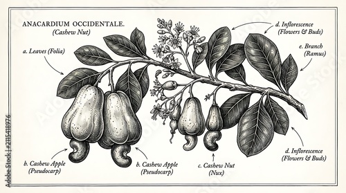 Cashew nut botanical illustration. Vintage drawing of Anacardium occidentale plant.
