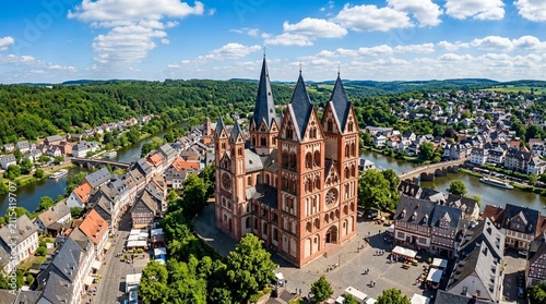 Aerial View of Limburg Cathedral and Lahn River in Germany