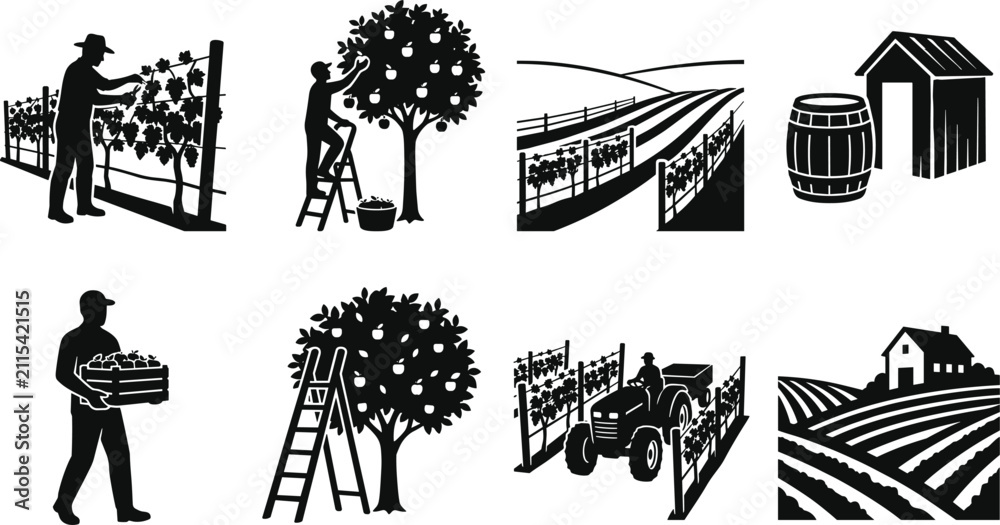 Fototapeta premium Black and White Farming and Harvesting Silhouette Icons of Rural Agriculture Scenes