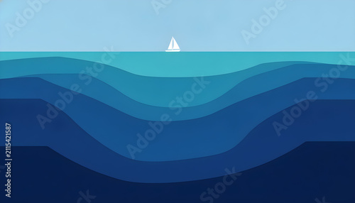 A blue and white abstract landscape with a sail