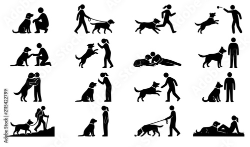 Black Dog Icons Set with Various Poses and Human Interaction Activities Flat Vector Collection