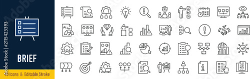 Business brief and project summary planning line icons set. Corporate task management, operational report, and strategic strategy linear symbols.