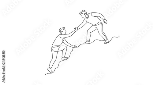 Bild auf Leinwand Continuous line drawing of one man helping another climber ascend a steep mountain