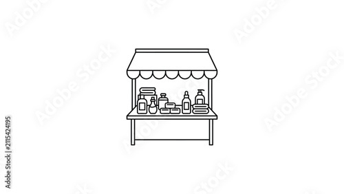 Hand-drawn vector illustration of a market stall selling toiletries and hygiene products, featuring bottles, soaps, and folded towels.