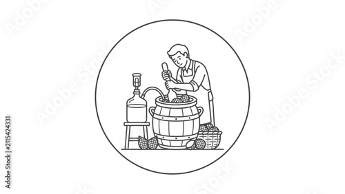 Artisan Winemaker Crafting Wine from Grapes in Wooden Barrel with Distillation Equipment, Vintage Line Art Illustration