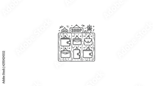 Hand-Drawn Illustration of a Small Shop Displaying Wallets and Purses, Featuring a 