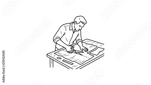 Tailor cutting fabric with scissors on a table, detailed illustration of a man sewing and crafting, workshop and DIY concept