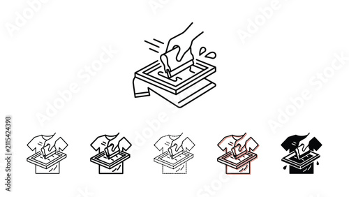 T-shirt Printing Process: Hand Applying Ink on Screen Stencil, DIY Craft Icon Set Vector
