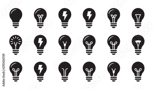 Collection of light bulb icons representing ideas and creativity in various styles silhouette.