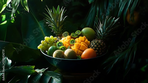 Assorted tropical fruits arranged in a dark bowl with vibrant pineapples mangoes kiwis and grapes nestled within lush foliage