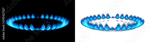 Circular gas stove burner glowing with blue flames isolated on png background set