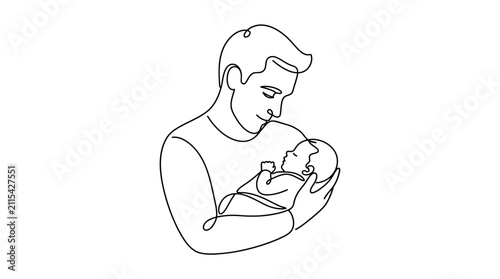 Continuous one line drawing of a father holding his newborn baby.