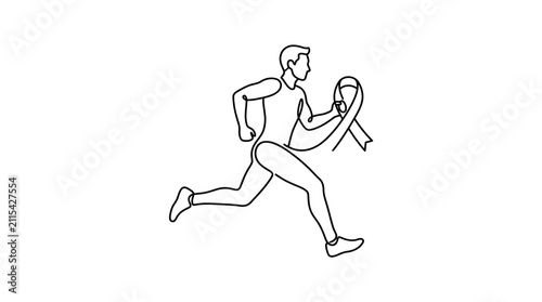 Continuous one line drawing of a runner holding a ribbon for cancer awareness.