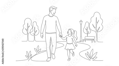 Continuous line drawing of a father and daughter walking together.