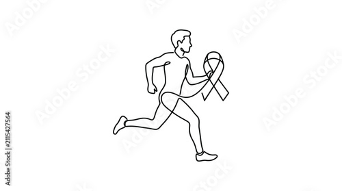 Continuous line drawing of a man running with a cancer awareness ribbon.