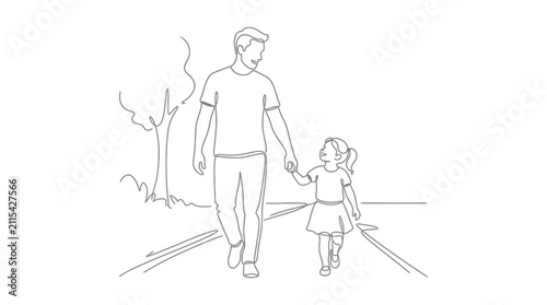 A line art illustration of a father walking hand in hand with his young daughter outdoors.