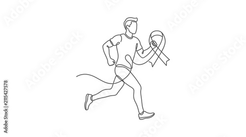 Continuous line drawing of a man running with a cancer awareness ribbon.