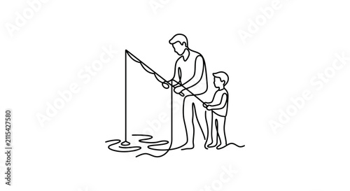 Continuous line art of father and son fishing together.