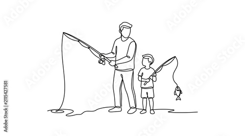 Continuous line drawing of a father and son fishing together.