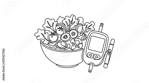 Line art illustration of a healthy salad bowl and blood glucose monitor.