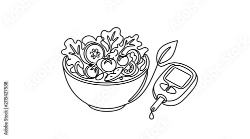 Continuous line drawing of a salad bowl and a glucose meter for diabetes management.