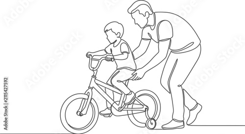 Continuous line drawing of father teaching son to ride a bicycle.