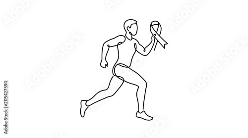 Continuous line drawing of a man running with a cancer awareness ribbon.