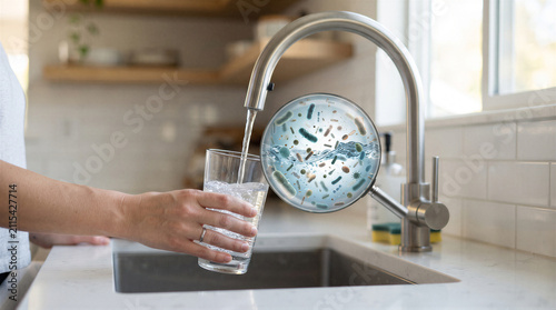 Closeup of a person filling a glass of water from a kitchen faucet with a magnifying glass effect showing bacteria and germs