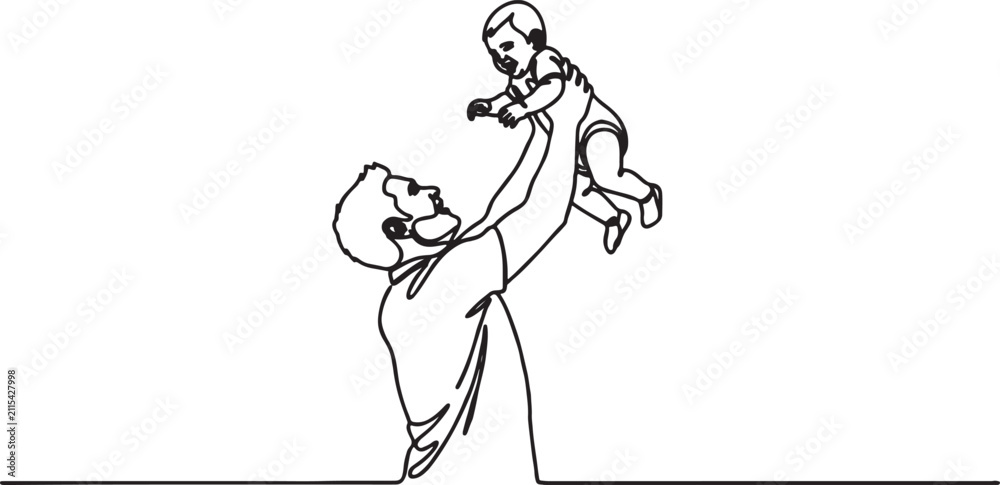 Fototapeta premium Simple continuous line drawing of a father lifting his baby up high with parenting happiness lifestyle illustration minimalist monochrome childhood togetherness connection devotion