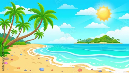 Animated Tropical Beach Scene with Palm Trees and Ocean Waves