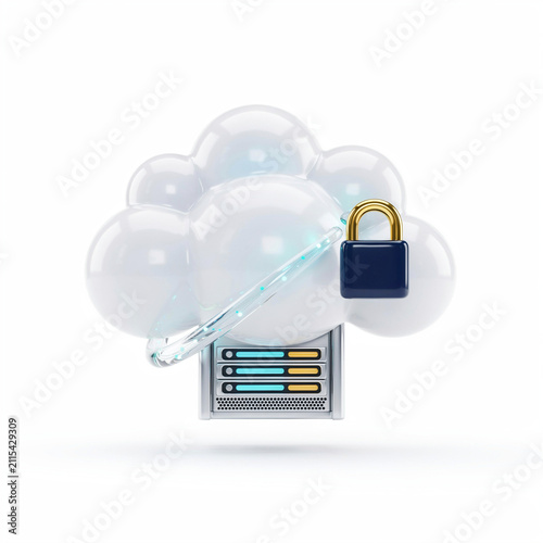 Plakat Cloud server with padlock icon. Secure data storage and network protection concept.