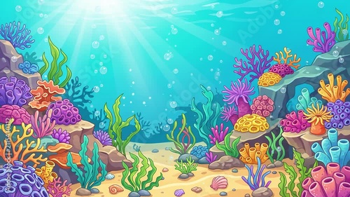 Cartoon Underwater Coral Reef with Sunbeams and Bubbles