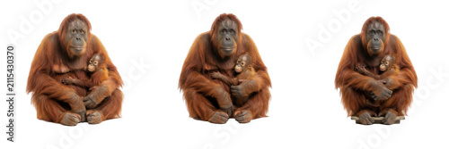 Set of mother orangutans holding their babies, isolated illustrations of large red-haired apes with infants for wildlife conservation, zoo animal concepts, nature documentaries, and primate protection