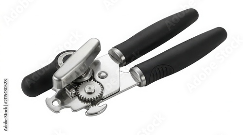 Manual metal can opener with black plastic ergonomic handles for kitchen food preparation equipment stainless cookware culinary efficient domestic accessory isolated background