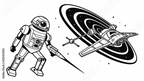 Cuadro en lienzo Minimalist sci-fi black and white vector illustration of droid and spaceship nea