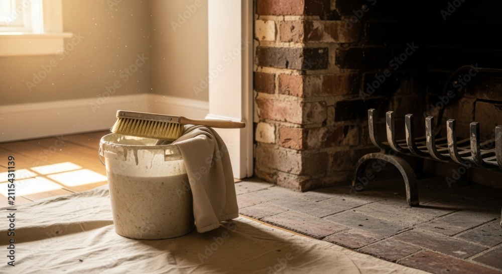 Obraz premium Warm interior scene with limewash bucket brush and drop cloth beside original brick fireplace ready for restoration work to begin.
