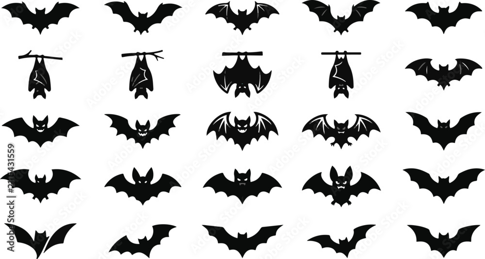 Fototapeta premium Collection of various black bat silhouettes in different flying and hanging poses for halloween design projects
