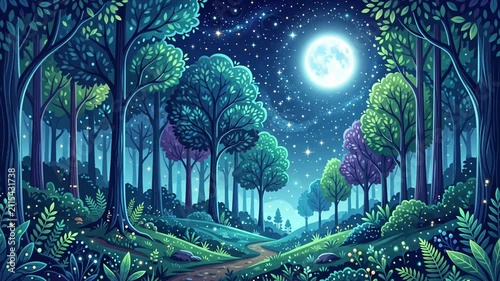Enchanted Night Forest Illustration with Full Moon and Stars