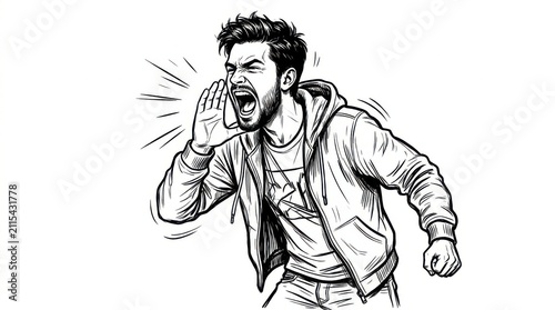 Young man shouting loud with his hand near his mouth wearing a hoodie isolated sketch illustration black and white