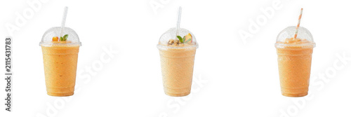 Set of orange smoothies or fruit juices in plastic takeaway cups with dome lids and straws, isolated on a white background for healthy eating, refreshing summer drinks, cafe menus, and diet concepts.