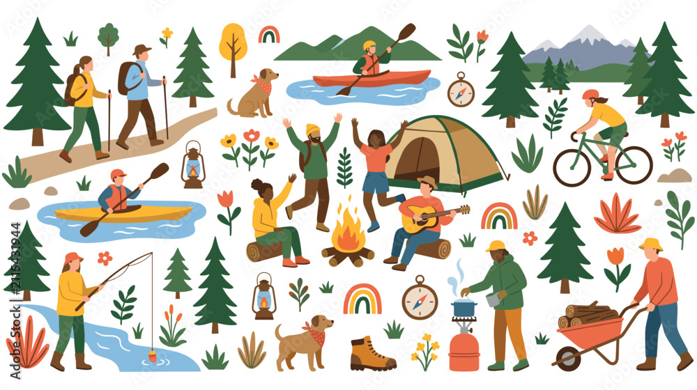 Fototapeta premium People outdoor activities set hiking kayaking camping and biking flat art.